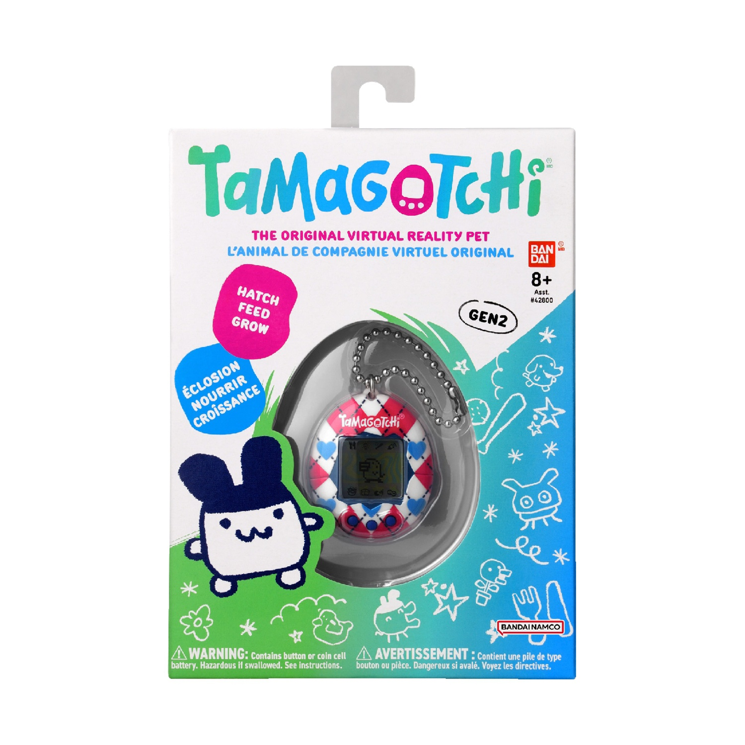 Confezione di Tamagotchi. Un animale virtuale blu e rosso con una grafica di coniglio. Il testo include 'Hatch Feed Grow'.