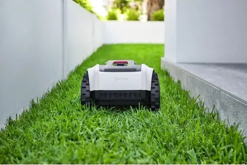 Robot koszący na pasie trawy między białymi ścianami.