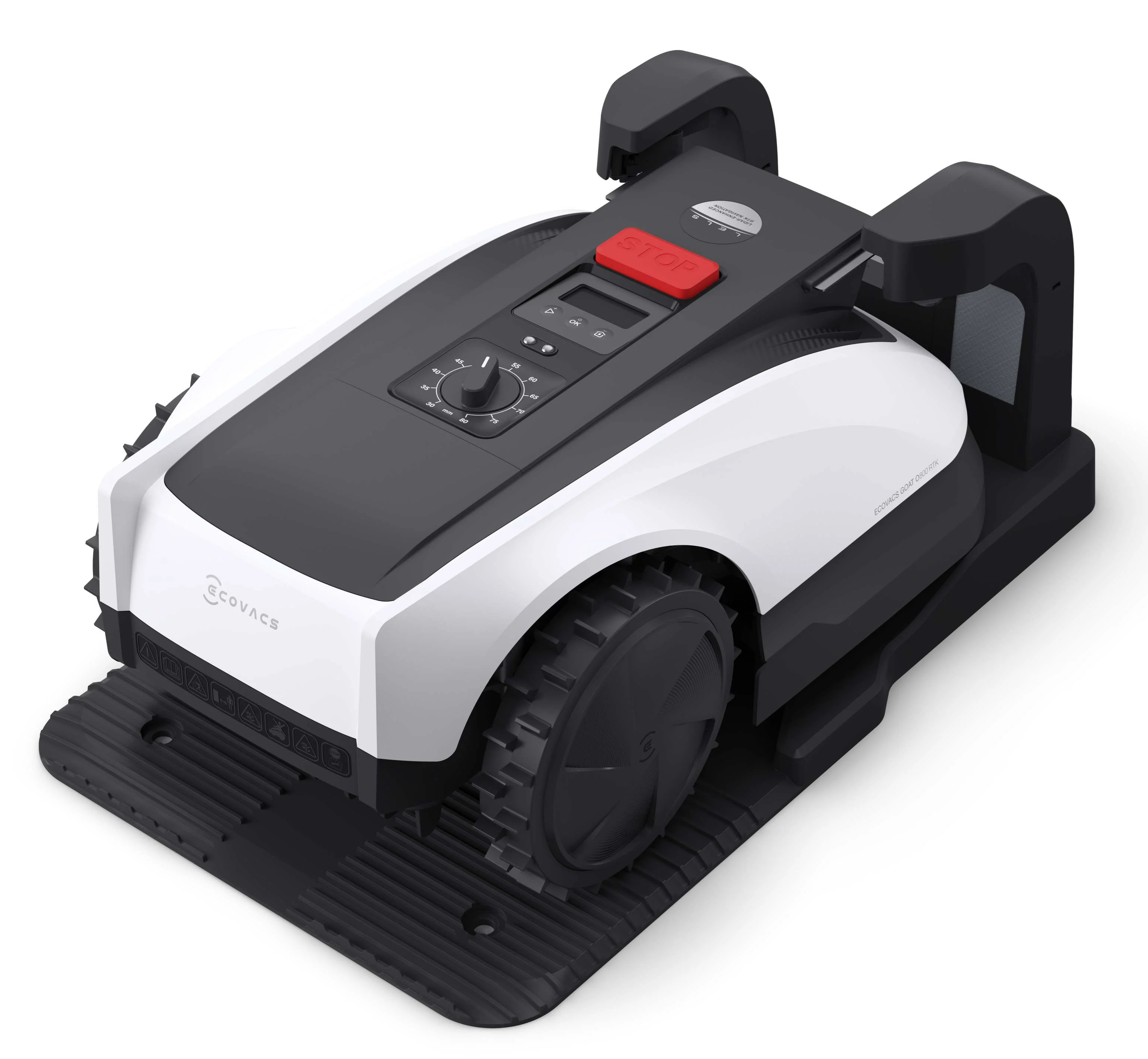 Kosiarka robot na podstawie. Ma czerwony przycisk stop i panel wyświetlacza.
