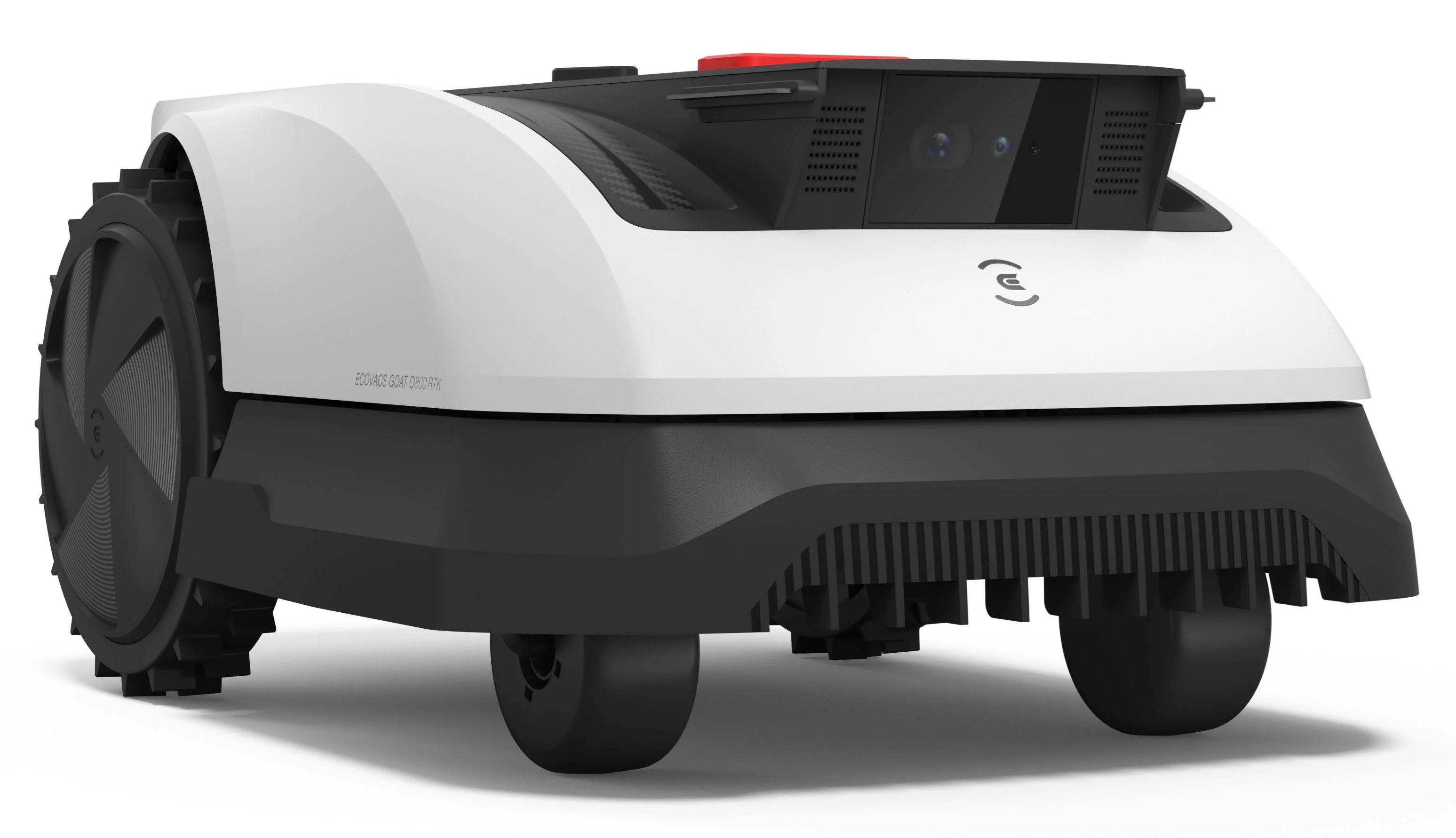 Biało-czarna kosiarka robot z czarnym blatem i tyłem, na białym tle.