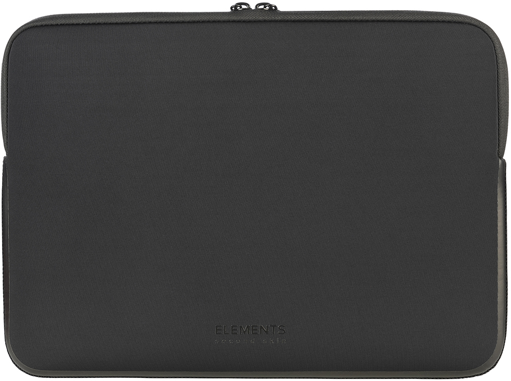 Dunkelgraue Laptoptasche. Die Hülle ist rechteckig, mit abgerundeten Ecken und dem ELEMENTS-Logo unten.