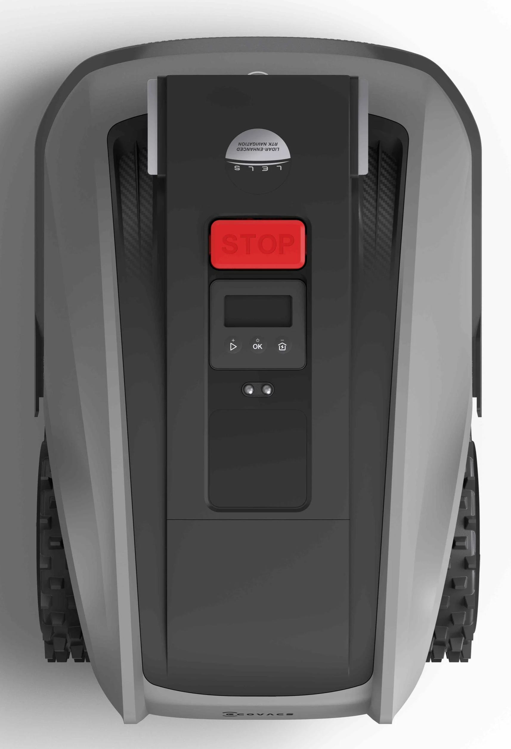 Widok z góry na robota koszącego, z czerwonym przyciskiem stop.