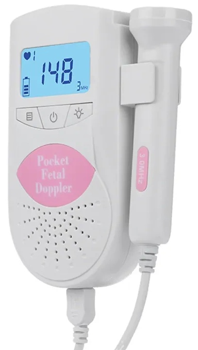 Biały kieszonkowy doppler płodu z niebieskim wyświetlaczem