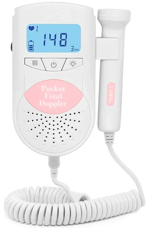 Biało-różowy kieszonkowy detektor tętna płodu z cyfrowym wyświetlaczem pokazującym tętno.
