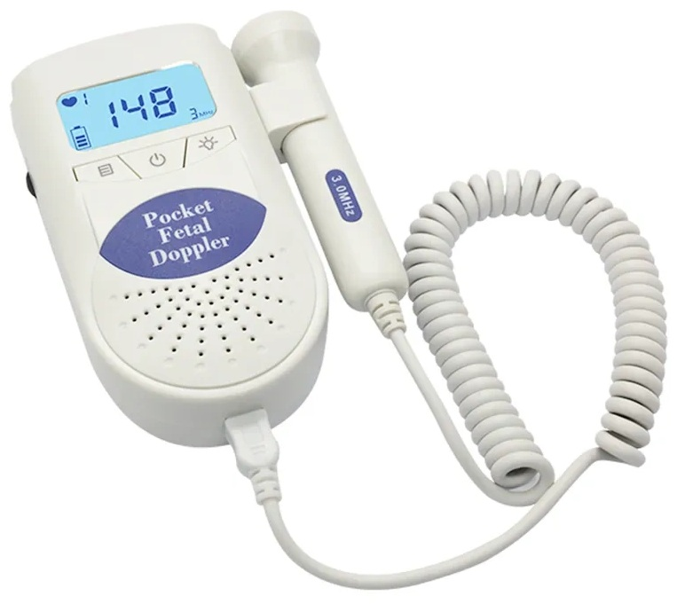 Kieszonkowy detektor tętna płodu, białe urządzenie z wyświetlaczem cyfrowym i sondą. Białe tło.