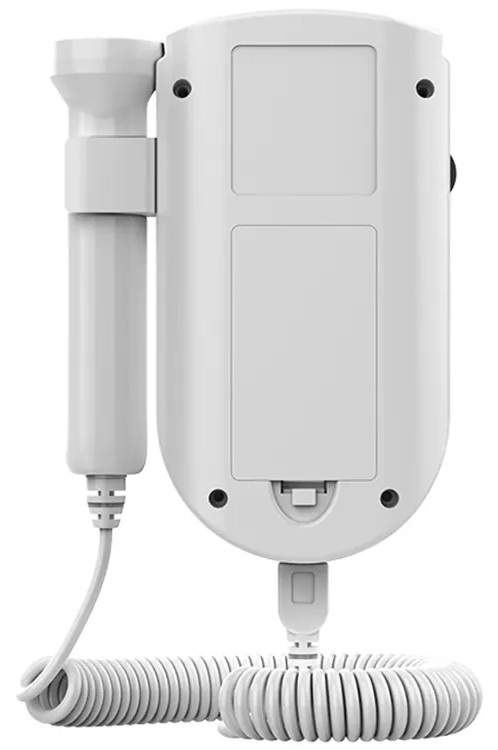 Białe urządzenie medyczne z długim uchwytem i zwiniętym kablem, na białym tle.