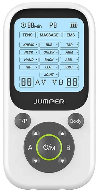 Biały elektroniczny stymulator mięśni z ekranem wyświetlającym ustawienia i funkcje. Przyciski są obecne.