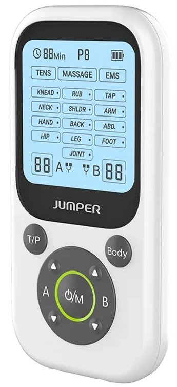 Białe urządzenie elektroniczne z ekranem, przyciskami i centralnym pokrętłem. Ekran wyświetla liczby i ikony. Słowo JUMPER.