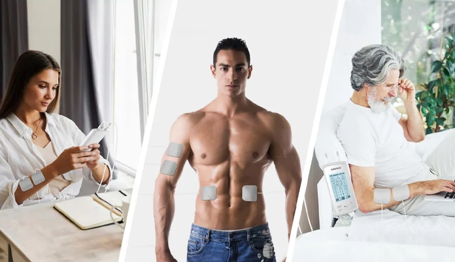 Osoby korzystające z urządzeń do stymulacji mięśni. Trzy osoby w różnych ustawieniach.