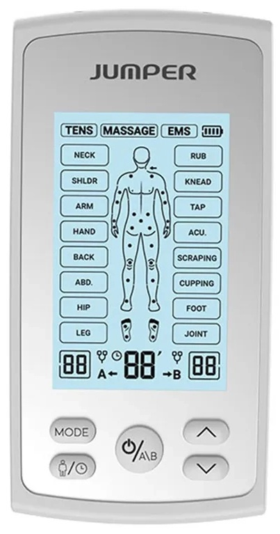 Biały panel sterowania z napisem JUMPER u góry i ekranem pokazującym części ciała.