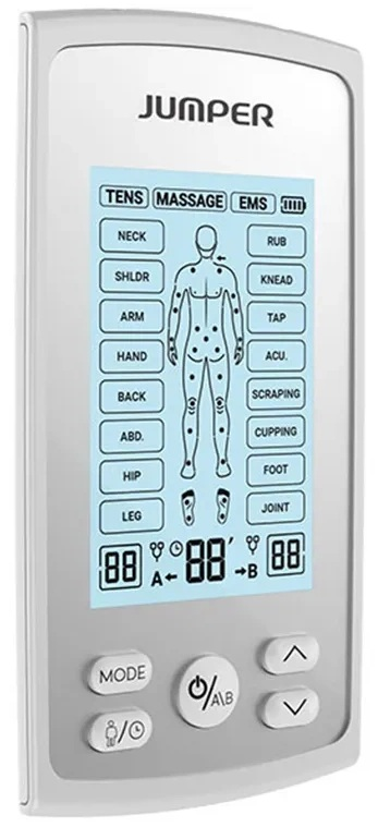 Biały elektroniczny stymulator mięśni z ekranem. Wyświetla różne części ciała i funkcje.