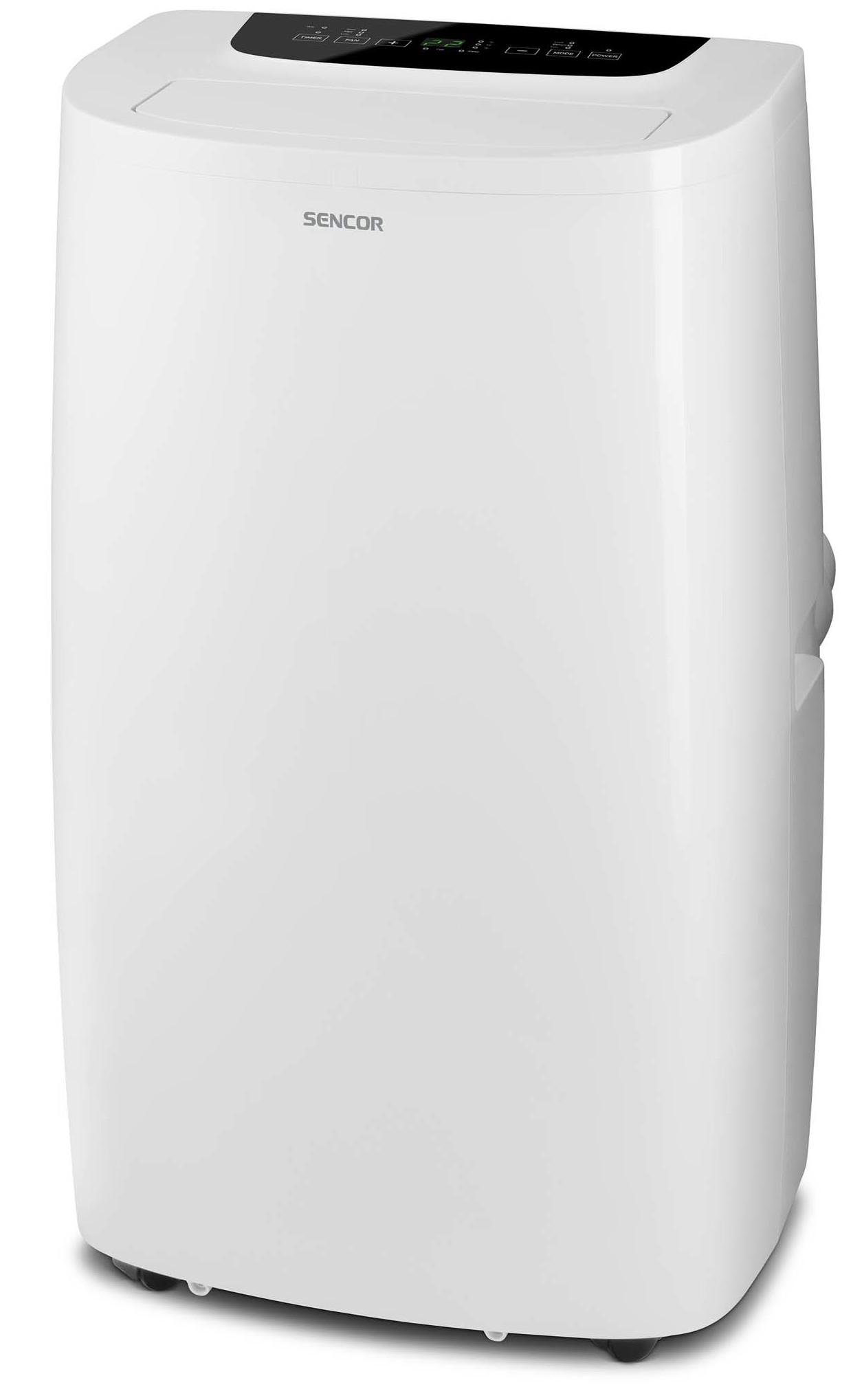 Biały przenośny klimatyzator Sencor z czarnym górnym panelem, na białym tle.