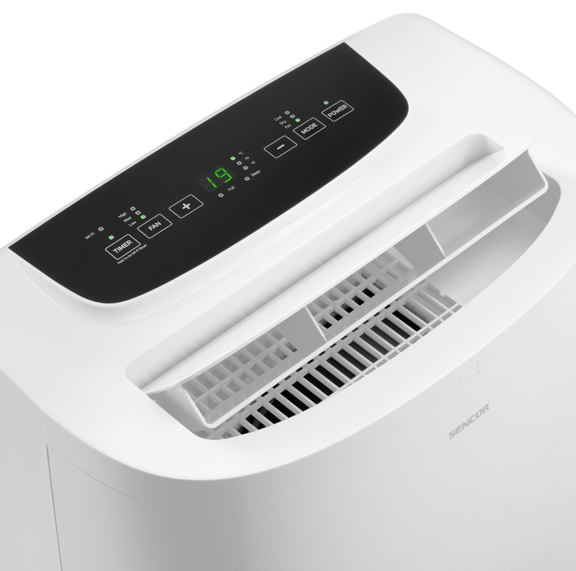 Biały oczyszczacz powietrza z cyfrowym wyświetlaczem i przyciskami sterowania. Filtr jest widoczny.
