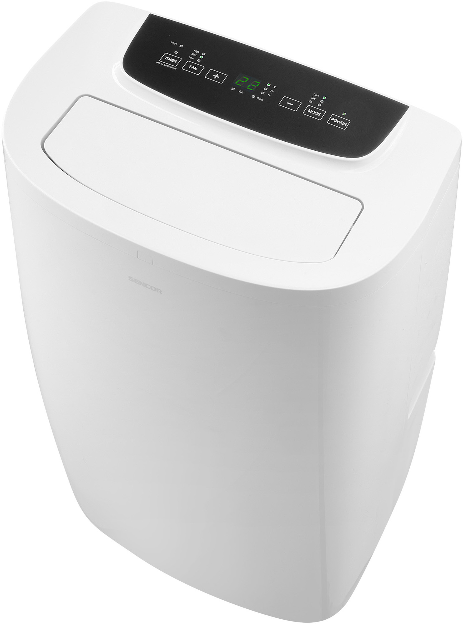 Biały przenośny klimatyzator z wyświetlaczem cyfrowym i przyciskami sterowania.