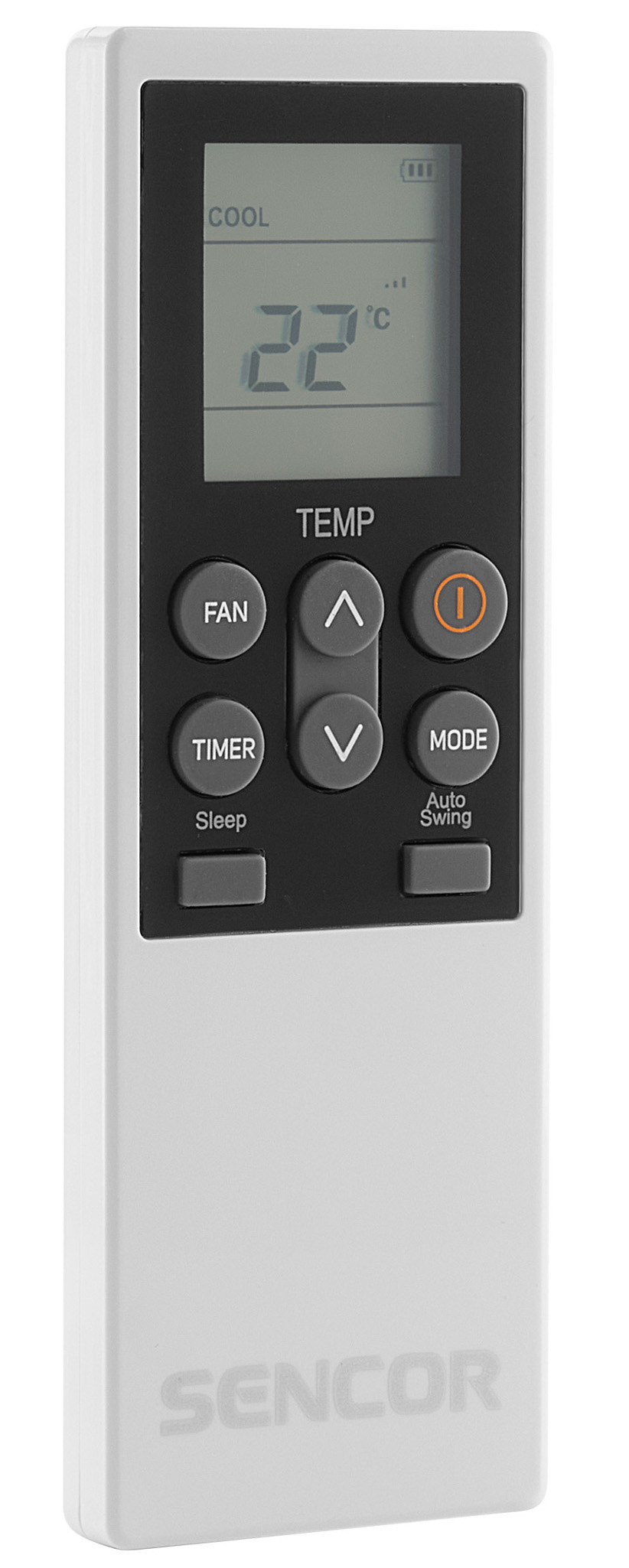 Biały pilot z czarnymi przyciskami i wyświetlaczem cyfrowym.