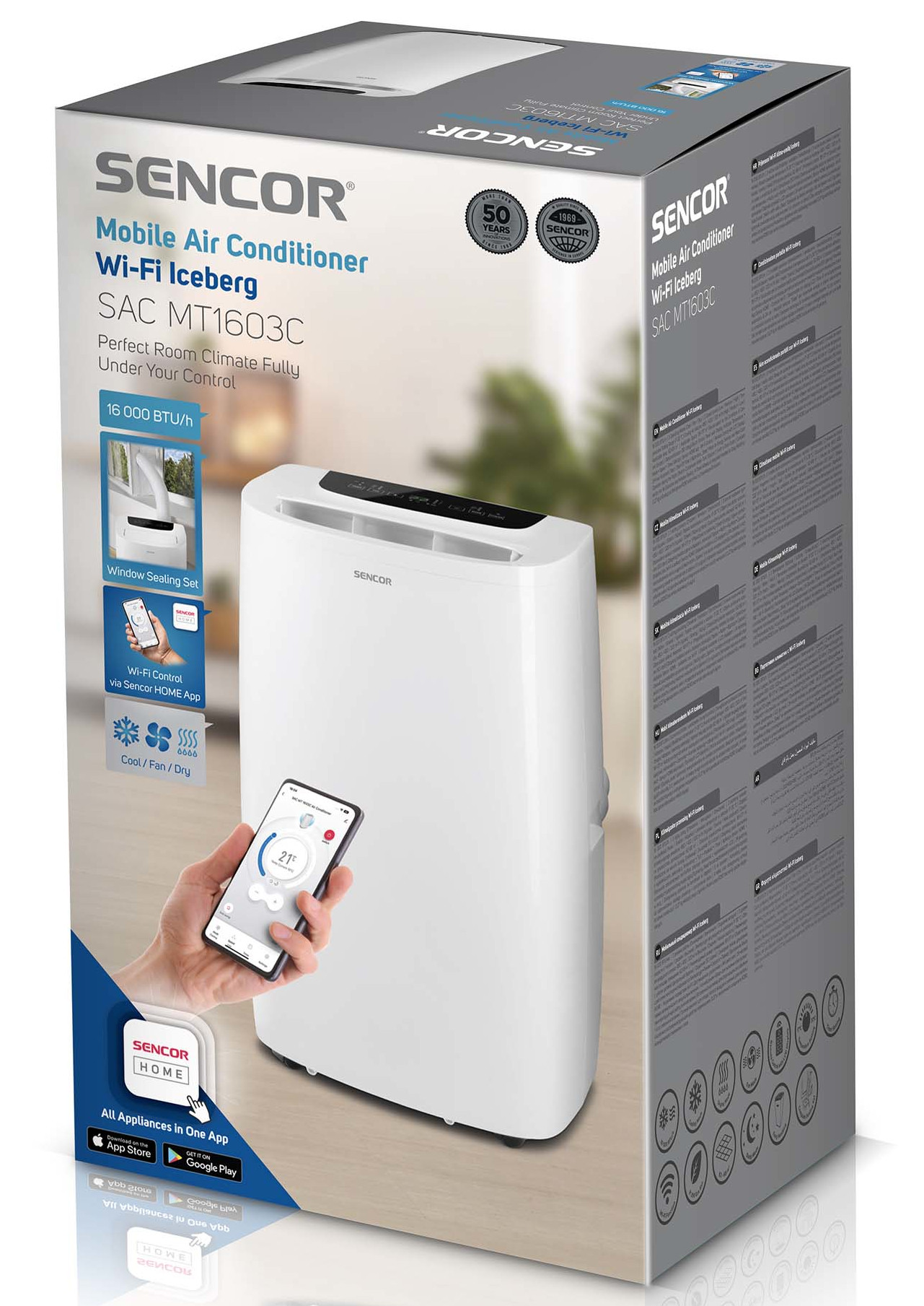 Biały klimatyzator przenośny SENCOR w pudełku, ze smartfonem pokazującym 21 stopni.