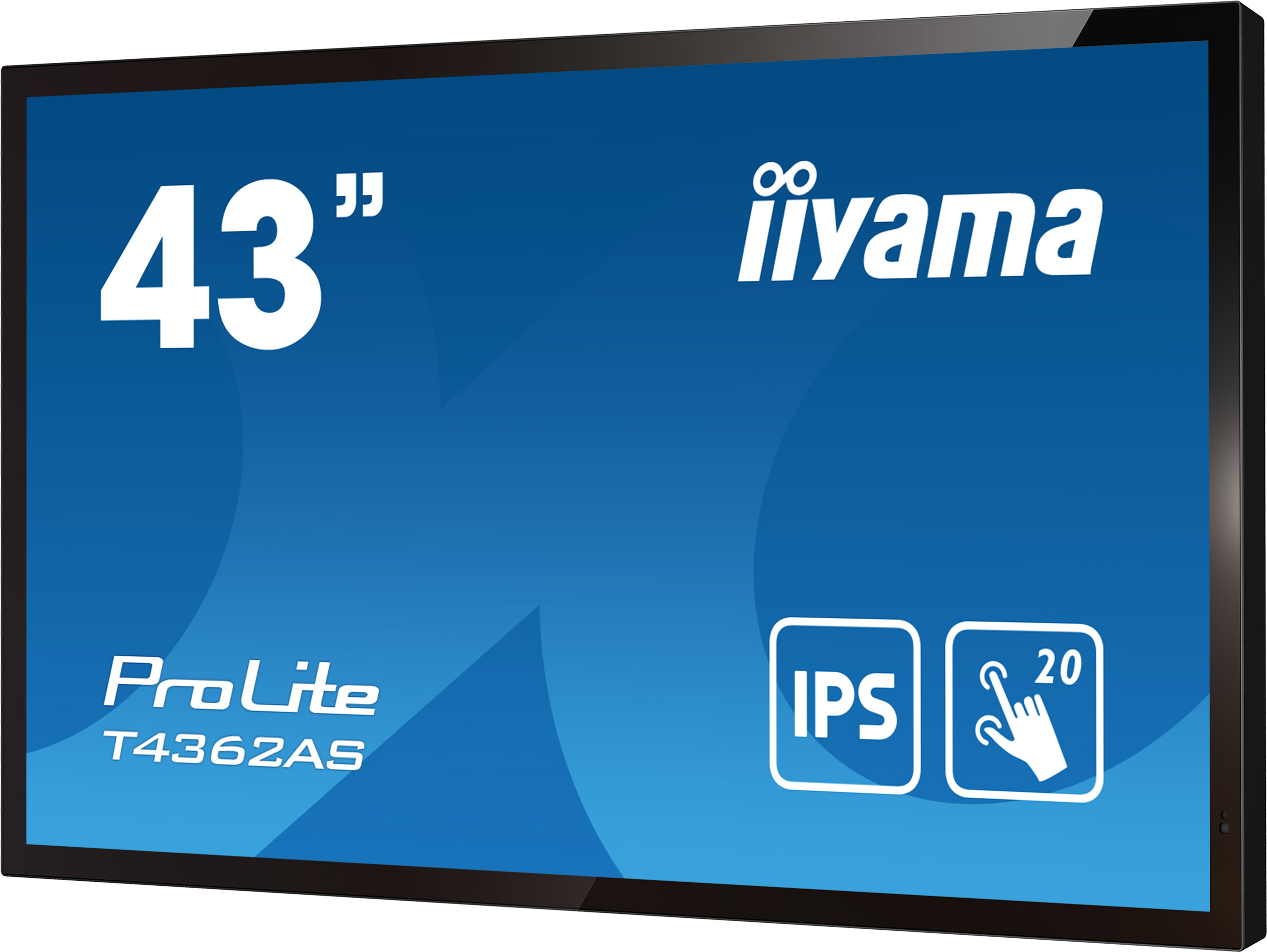 Ein 43" iiyama ProLite T4362AS Touchscreen-Monitor mit blau-schwarzem Farbverlauf.