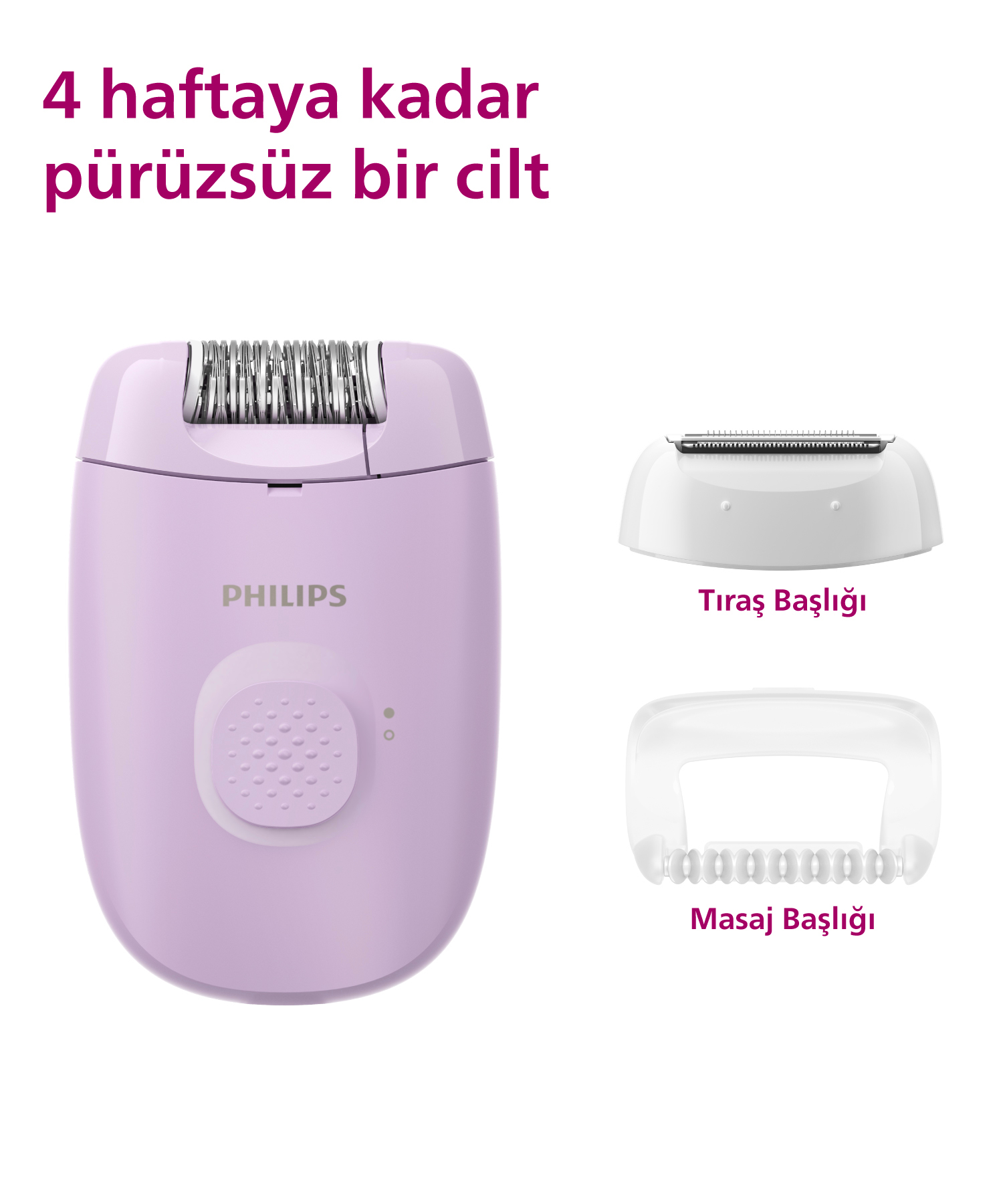 Mor Philips epilatör, üç başlıkla. Epilatörün üstünde Türkçe metin.