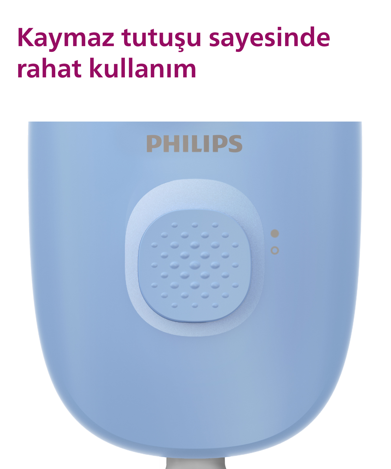 Philips tarafından yapılan, yükseltilmiş noktalarla bir düğmesi olan açık mavi bir elektrikli diş fırçasının yakından görünümü.