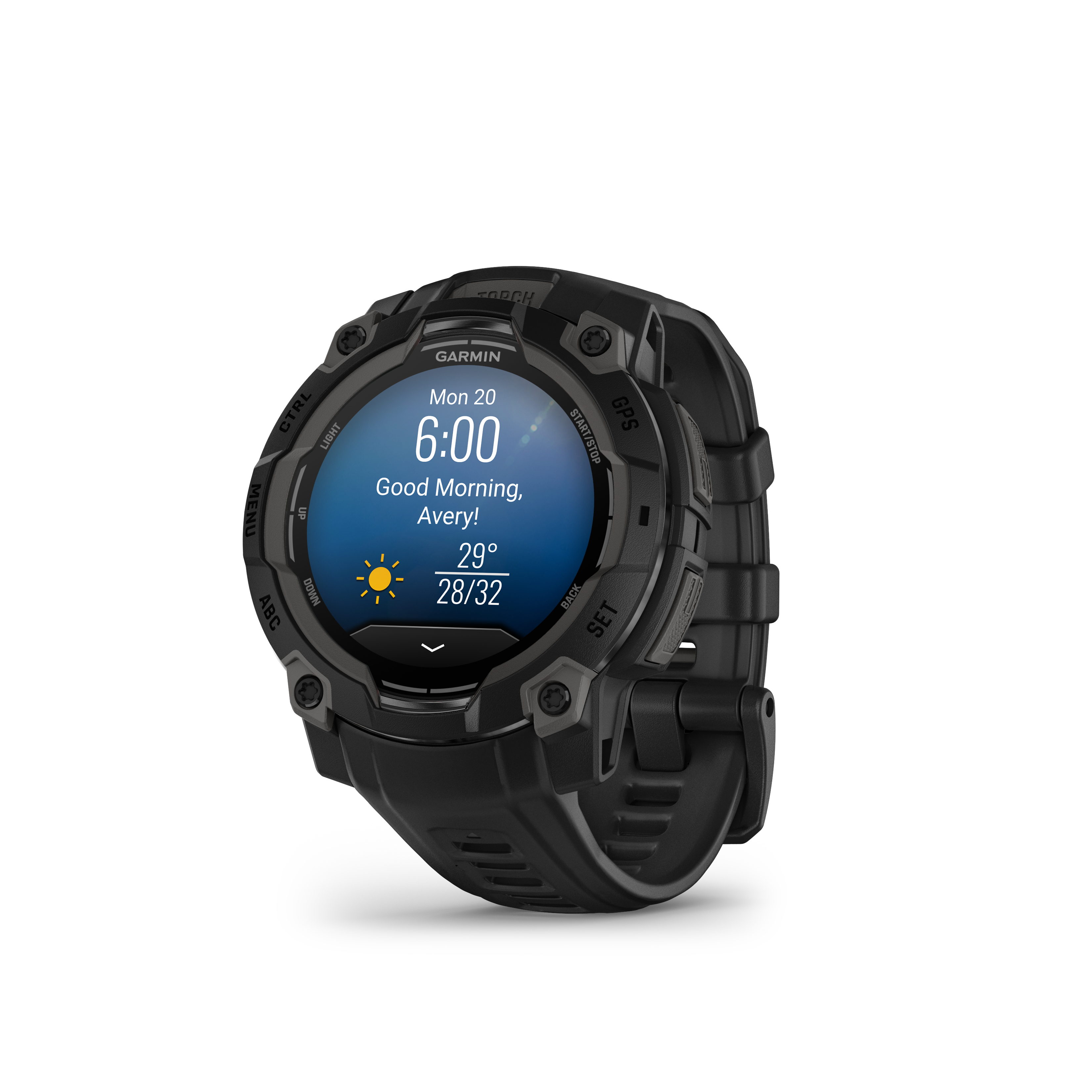 Schwarze Garmin-Uhr mit Wetter und Uhrzeit, mit schwarzem Armband.