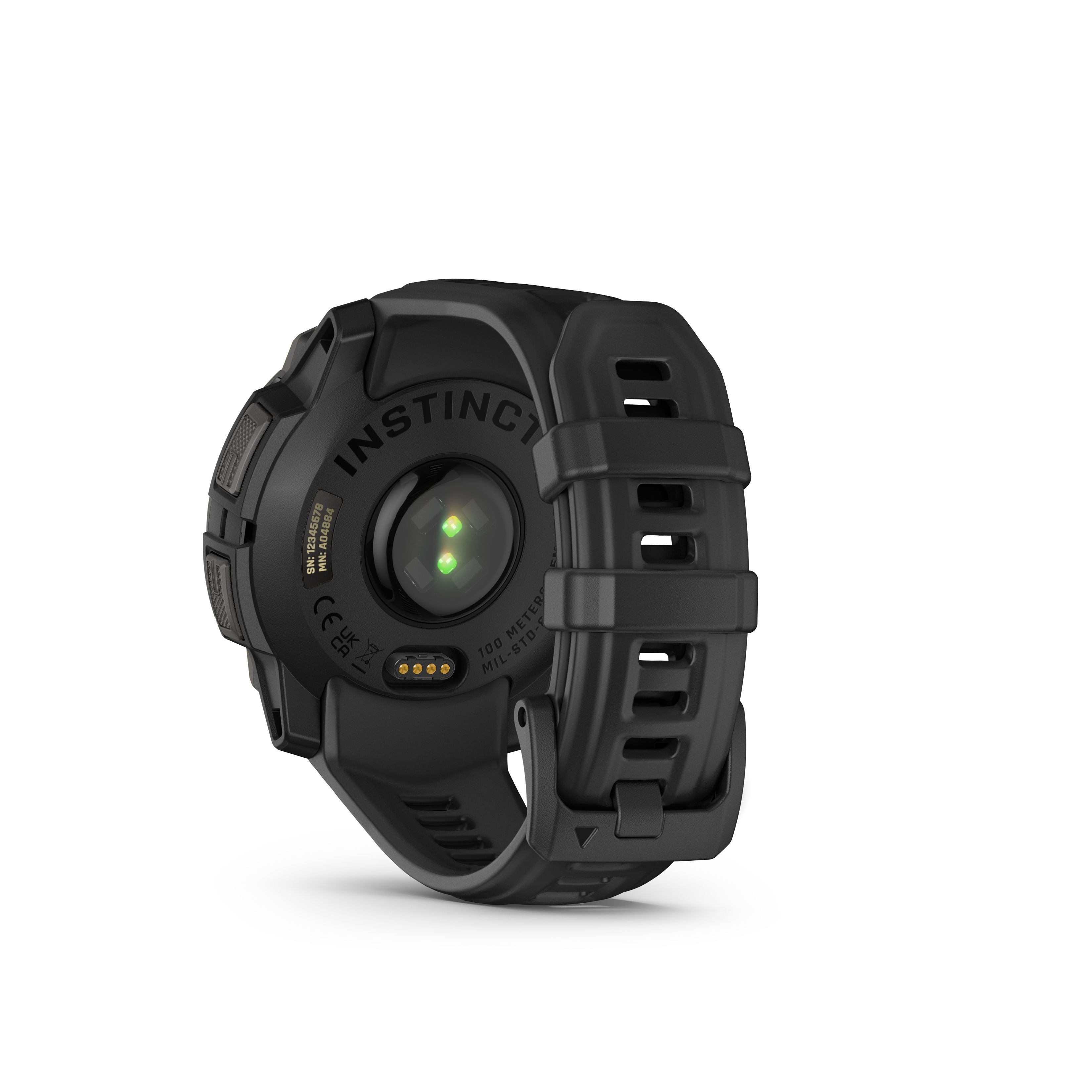 Eine schwarze Smartwatch mit einem Herzfrequenzsensor auf der Unterseite, auf weißem Hintergrund.