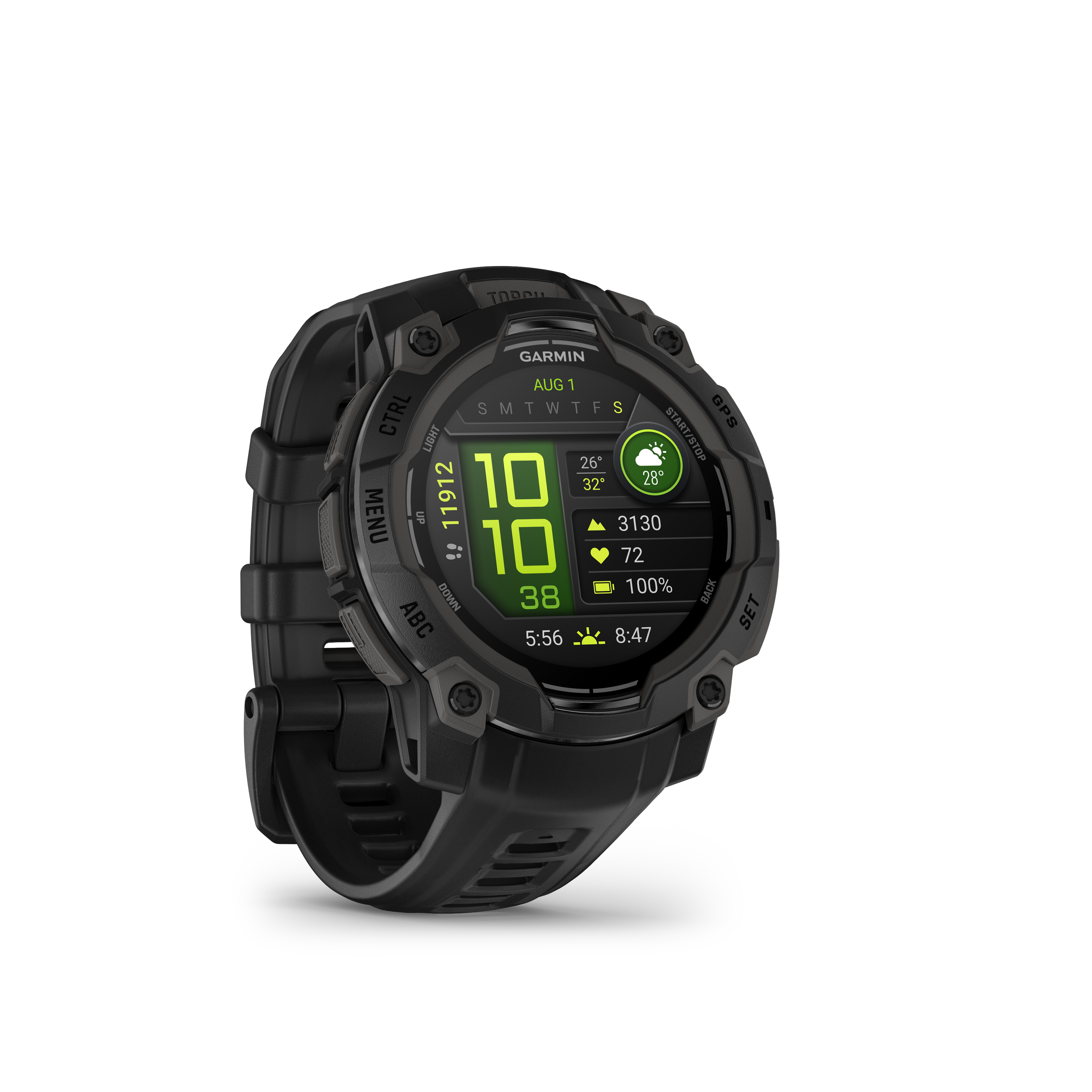 Garmin Instinct Smartwatch, schwarz, zeigt Datum, Uhrzeit, Schritte und Wetterdaten.