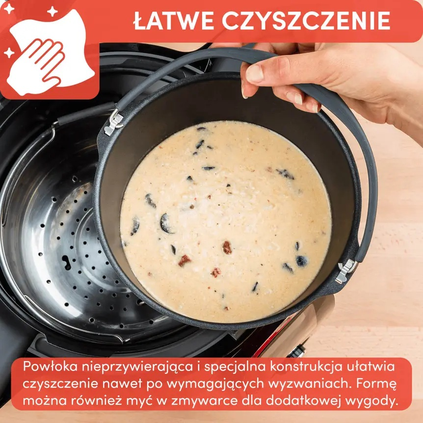 Garnek z jedzeniem wyjmowany z szybkowaru, z tekstem w języku polskim.