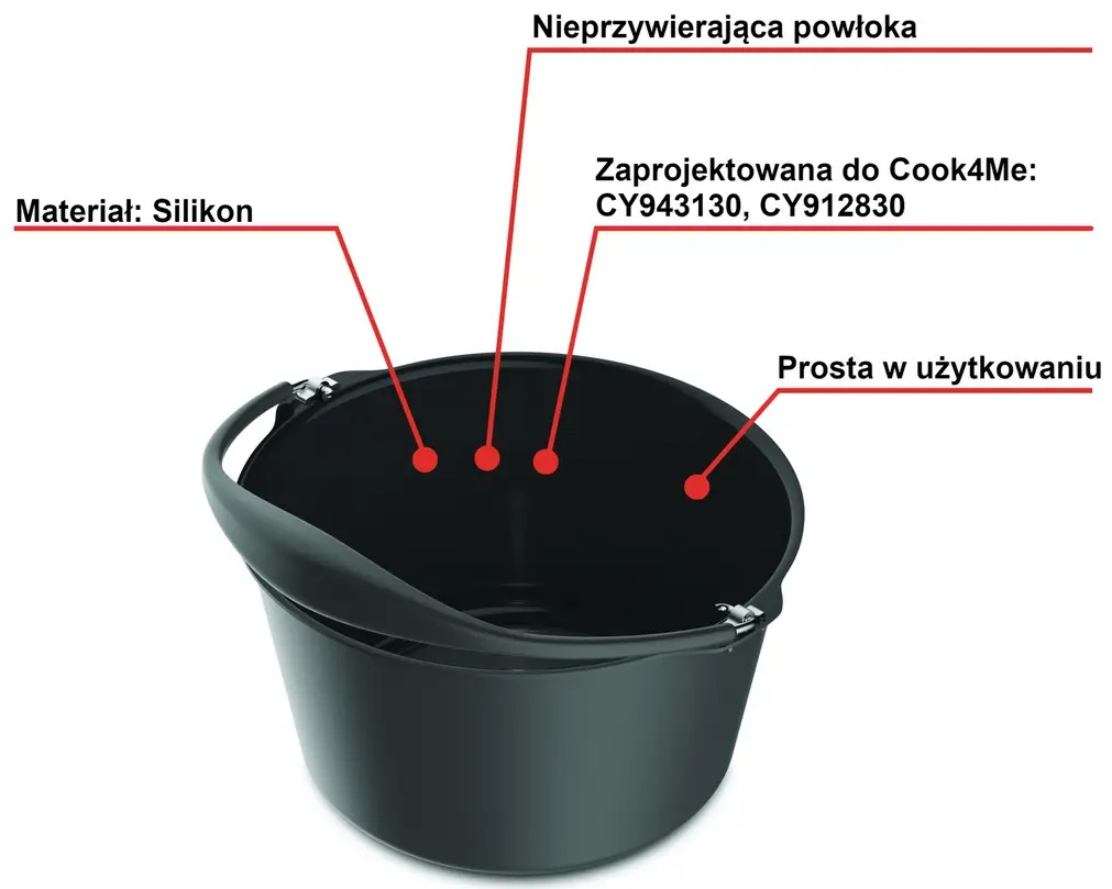 Czarna silikonowa miska z uchwytem, etykiety tekstowe. Białe tło. Pokazuje materiał i przeznaczenie z Cook4Me.