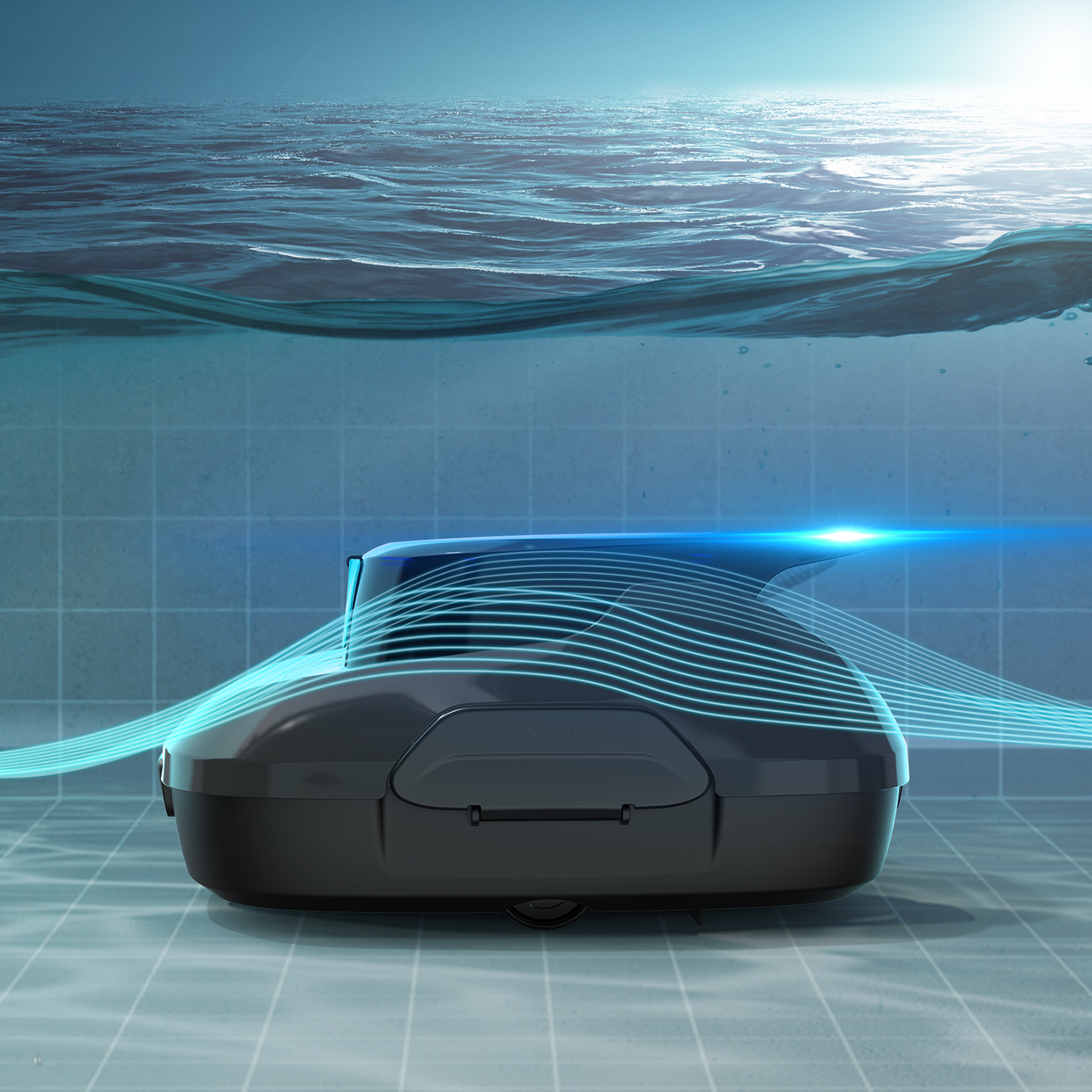 A black underwater robot with blue light streaks, simulating water. A blue grid is in the background.