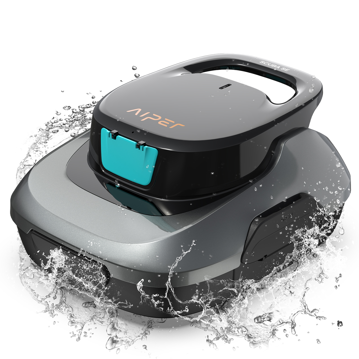 Robot pool cleaner with water splashes. It has a dark gray top and a teal accent.