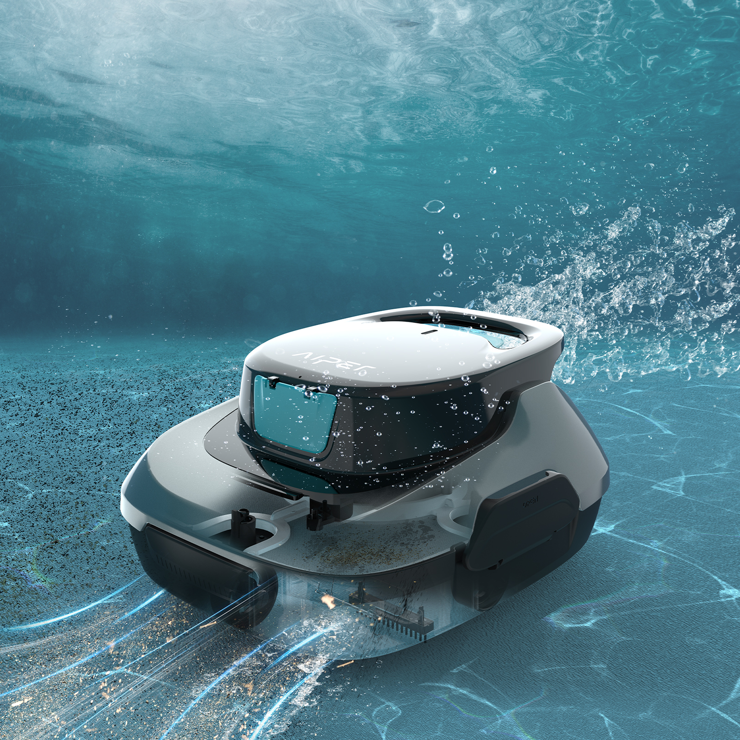 An underwater robot vacuum cleaner cleaning a pool, water splashing, bubbles visible.