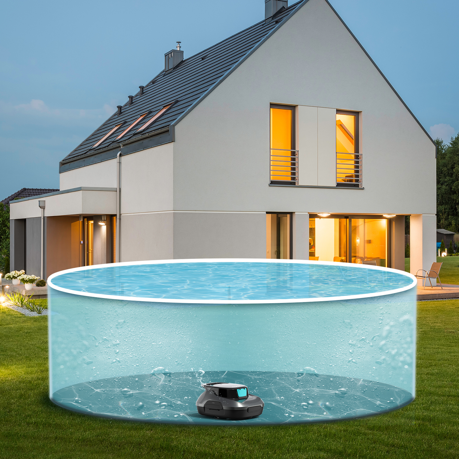 A pool with a robot cleaner in front of a house at dusk.