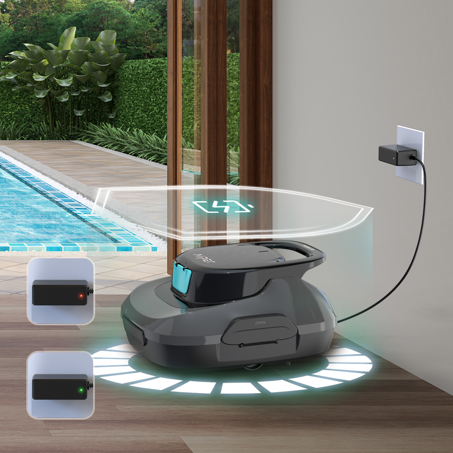 Robot lawnmower charging with two small charging stations. Outside view with a pool.