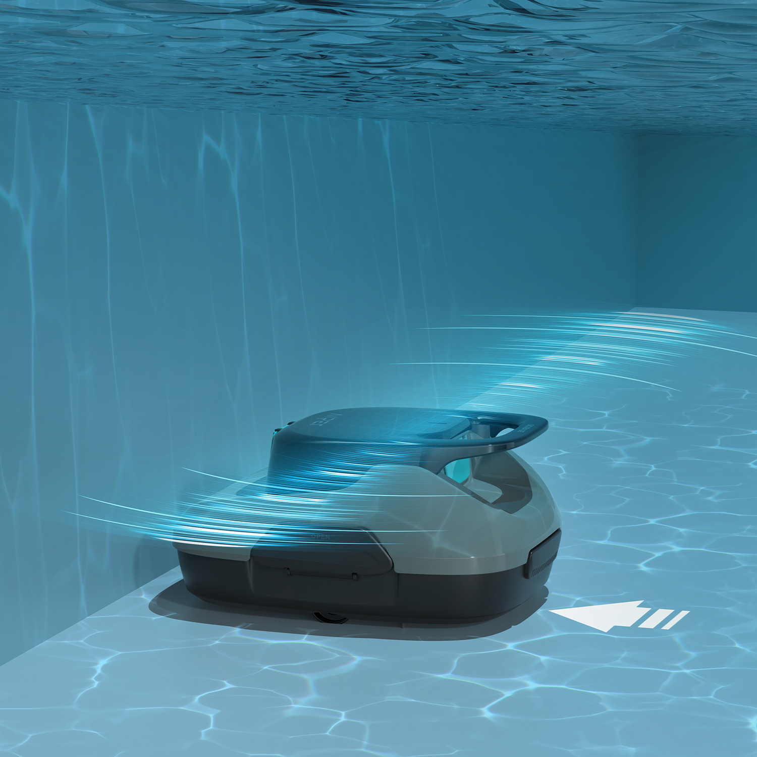 Robotic pool cleaner in a pool, with arrow.
