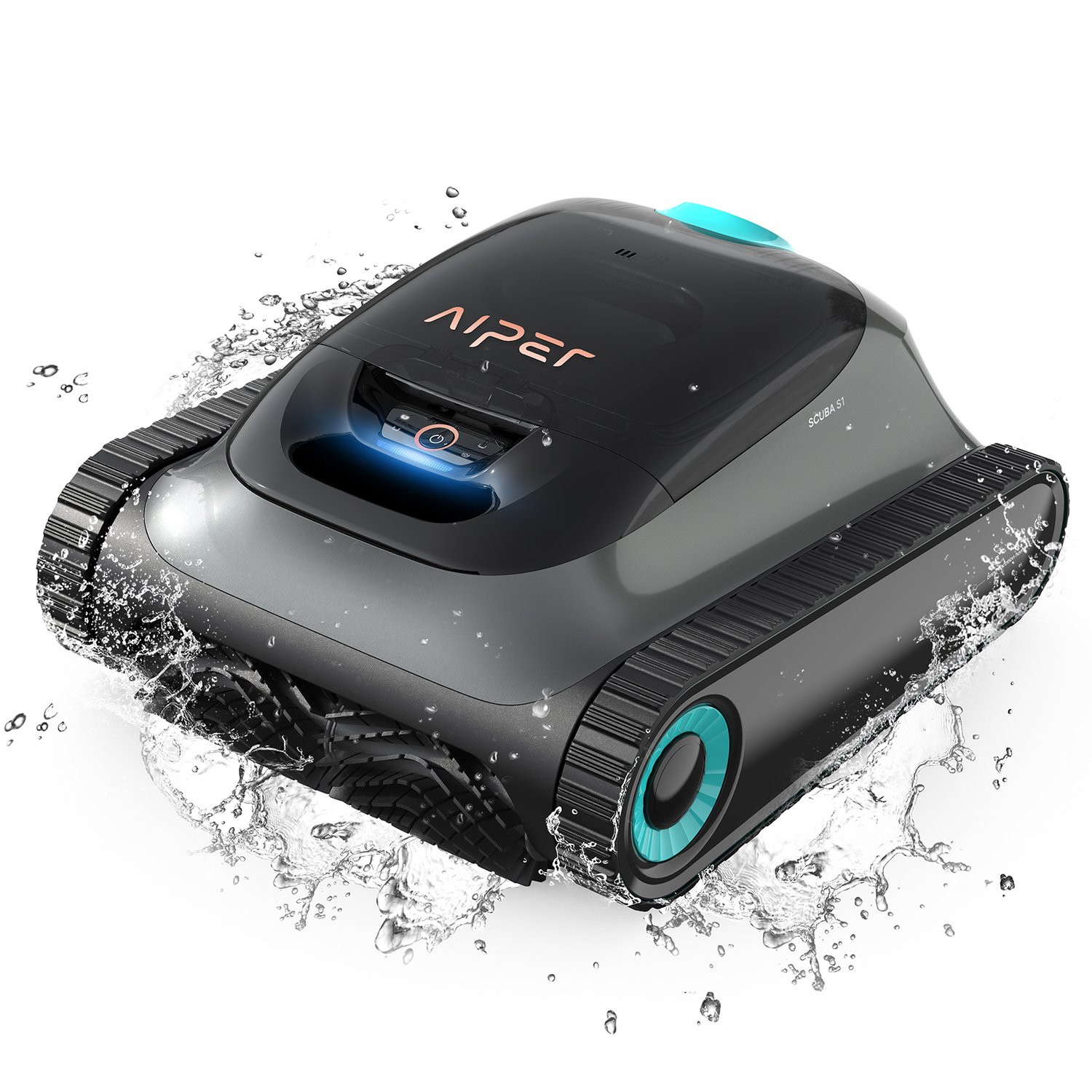Black and gray robotic pool cleaner in water, white background.