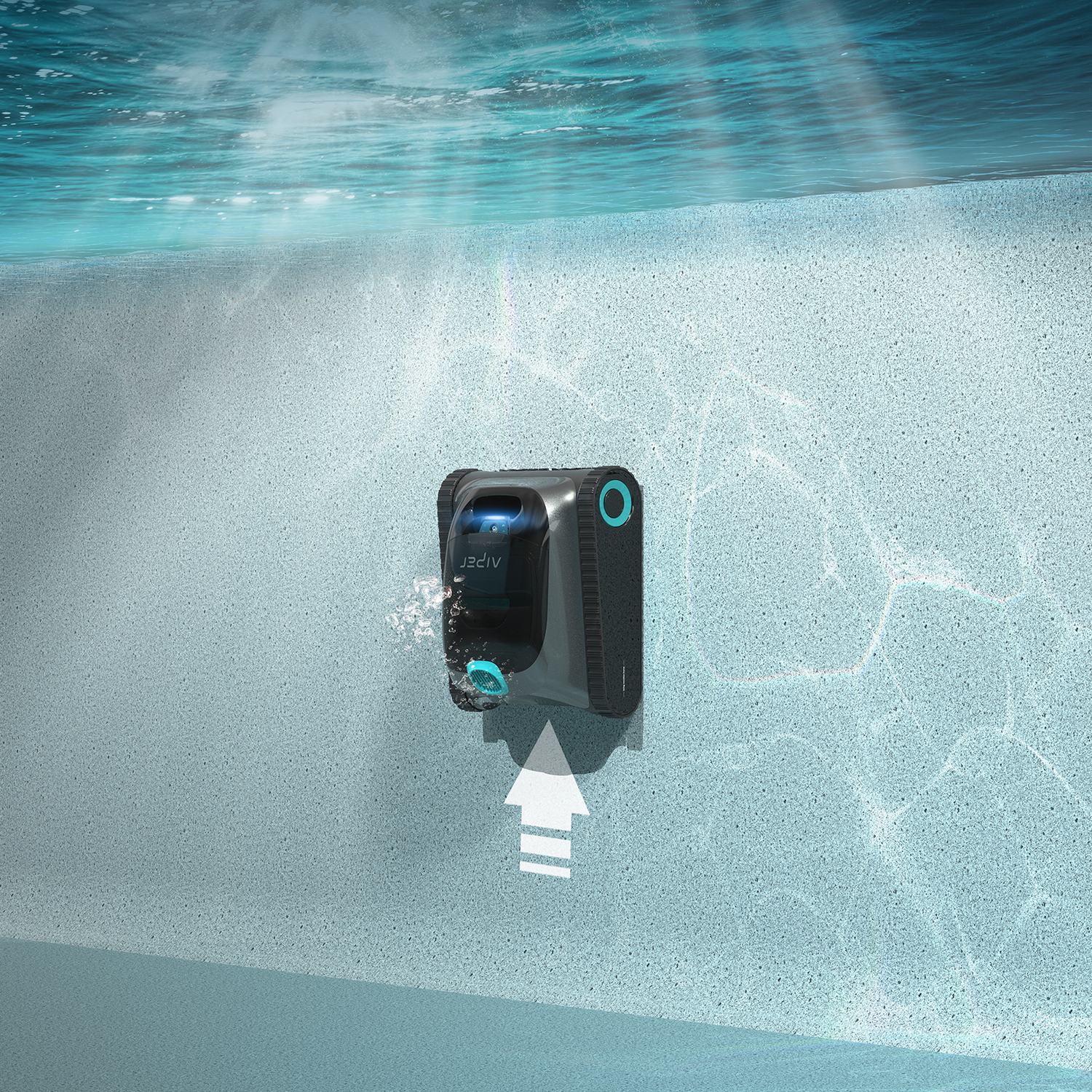 A pool cleaner submerged in a pool. It is black and gray with a blue light and an arrow.