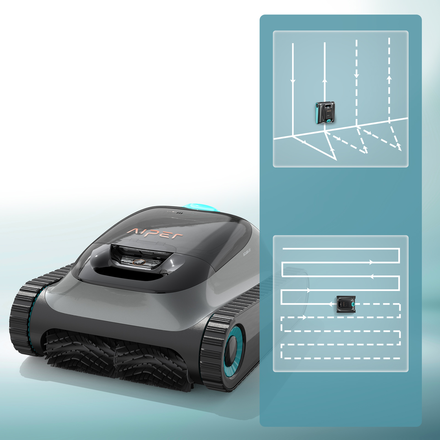 Aiper robot pool cleaner with two cleaning patterns displayed on a blue background.