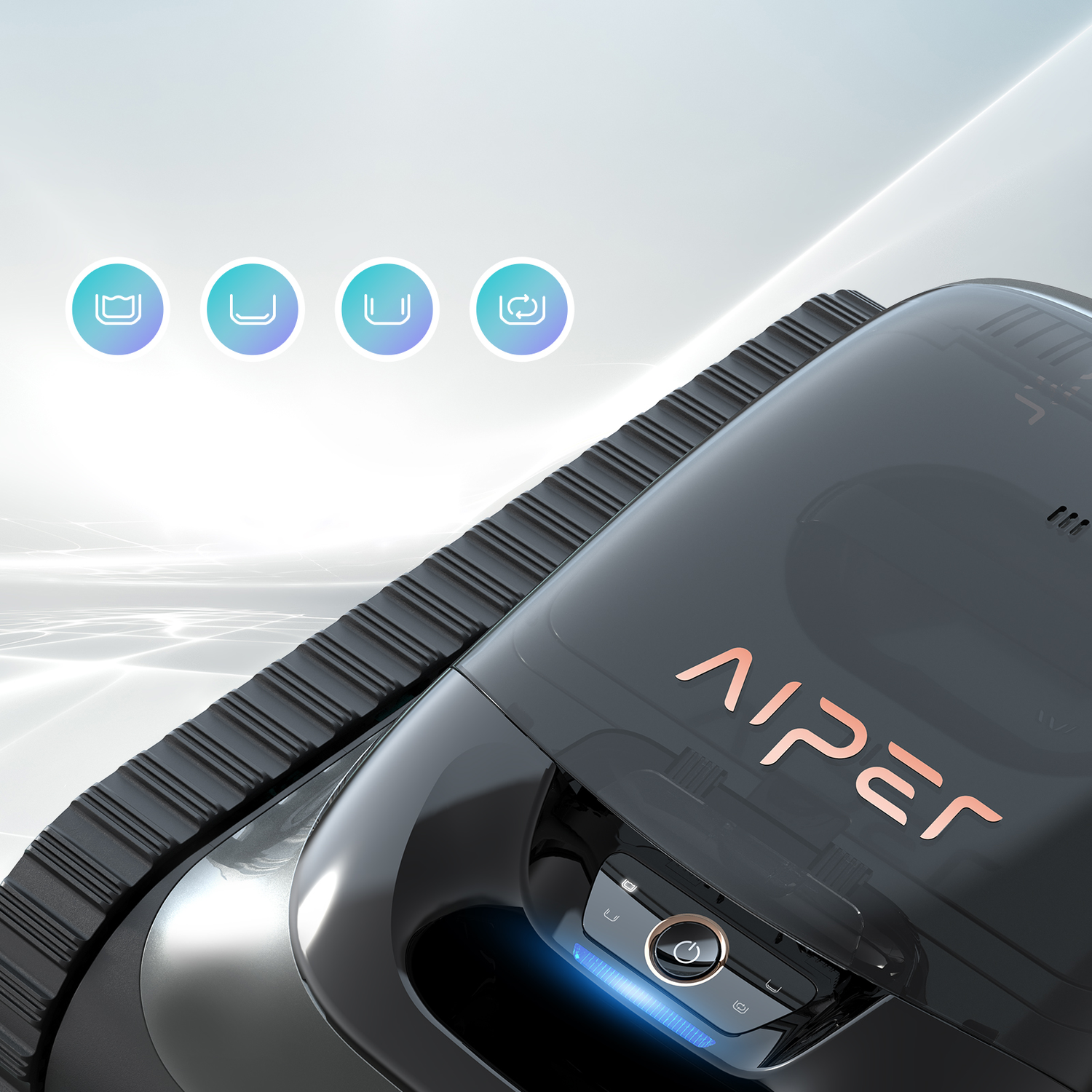 Robot vacuum cleaner, Aiper logo visible. Blue icons above. White and grey background.