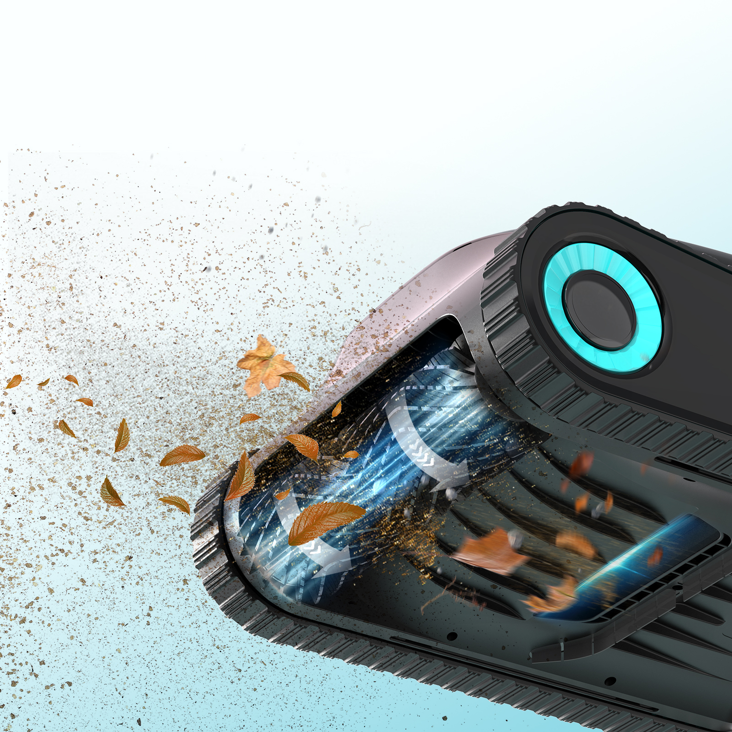 Robot vacuum cleaner in action, showing internal parts and debris being sucked up. Leaves and dirt.