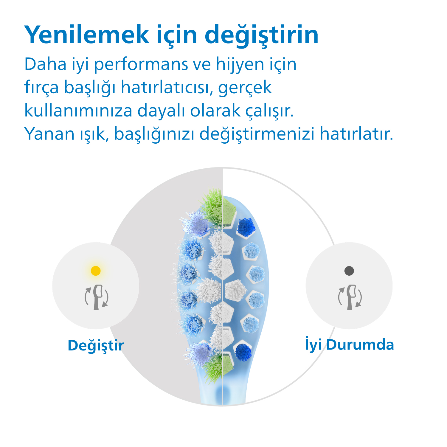 Diş fırçası başlığı diyagramı. Ne zaman değiştirileceğini gösterir. Metin Türkçe.