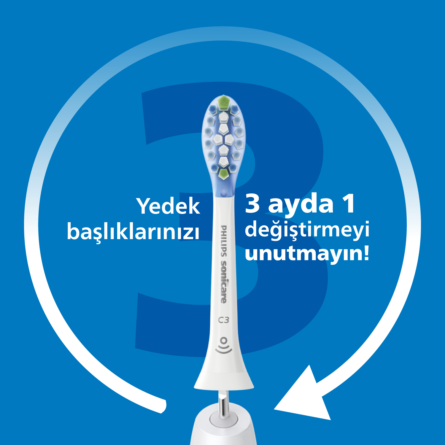 Yeşil ve beyaz kıllı diş fırçası başlığı, 3 ayda bir değiştirme hatırlatıcısıyla.