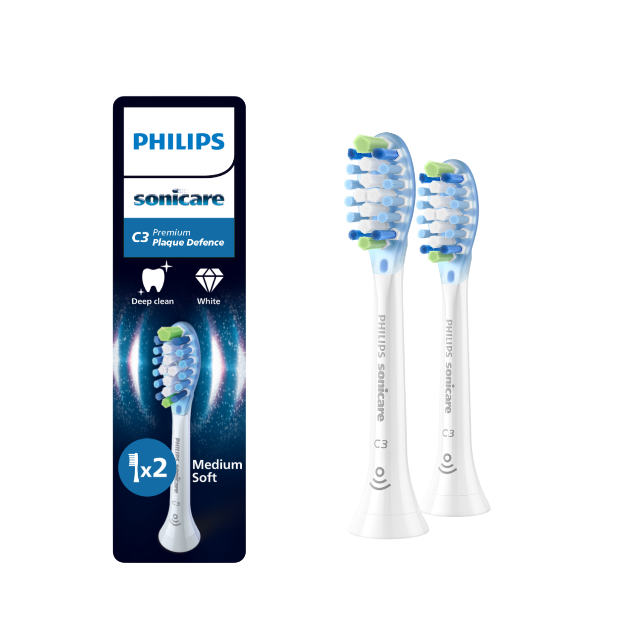 İki fırça başlığı ve ürün bilgisi içeren bir Philips Sonicare diş fırçası başlığı paketi.
