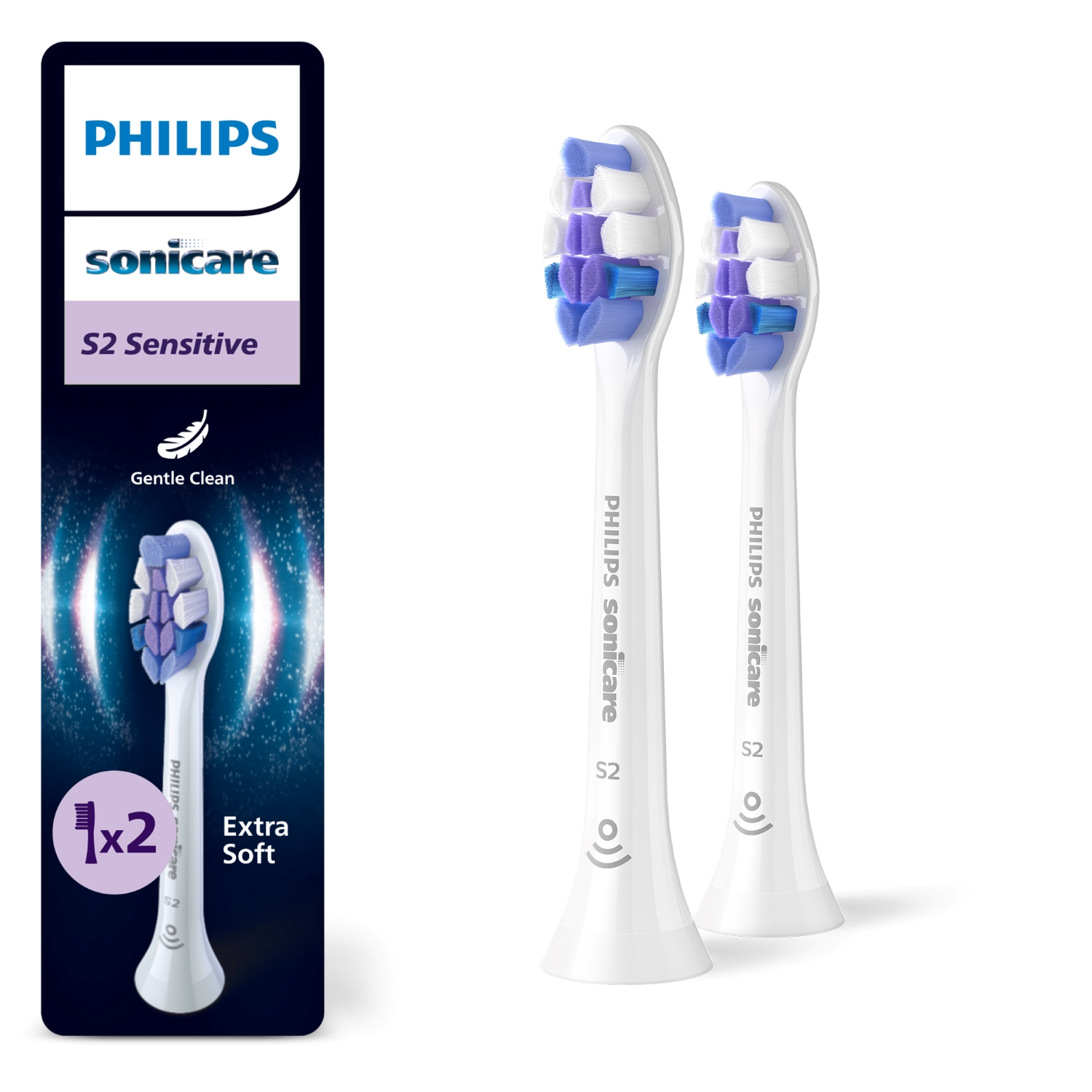Mor ve mavi kıllara sahip iki beyaz Philips Sonicare diş fırçası başlığı, beyaz bir arka plan üzerinde.