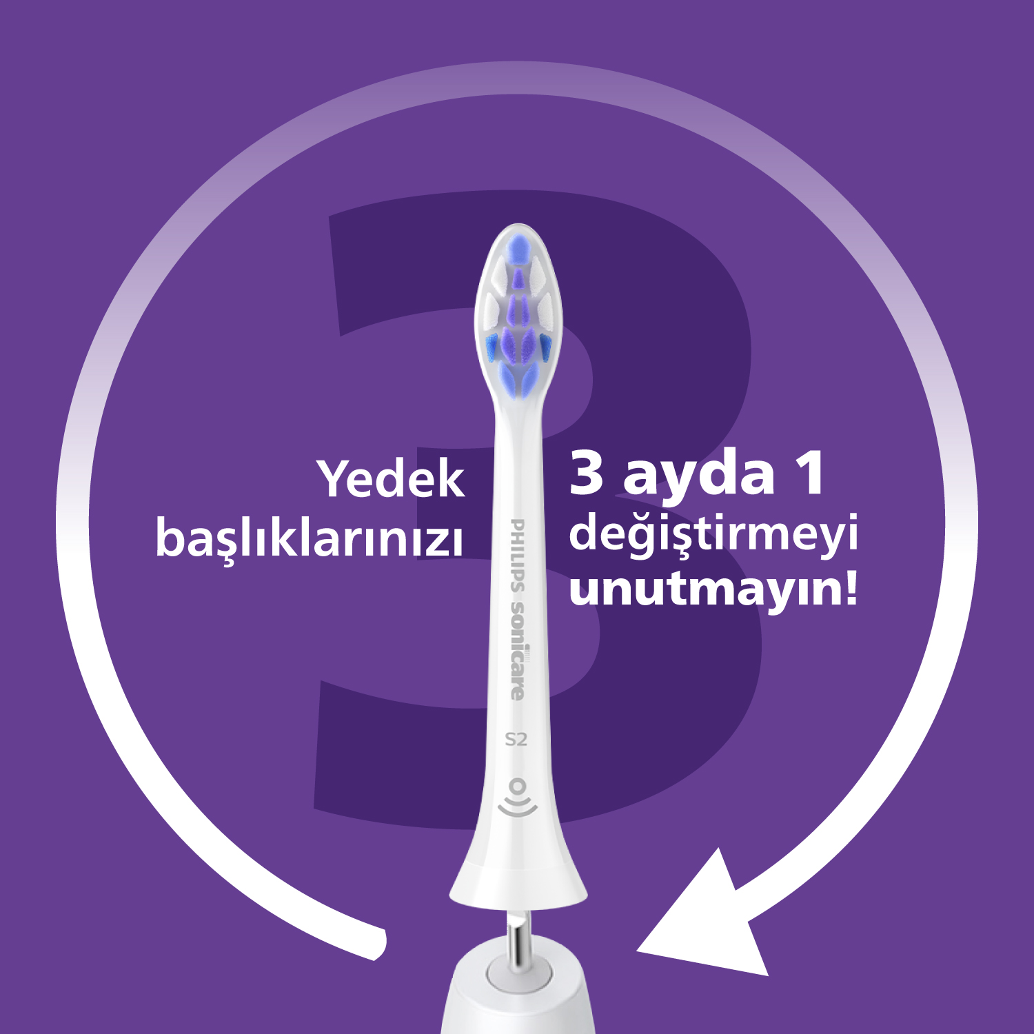 Mor detaylara sahip beyaz elektrikli diş fırçası başlığı, beyaz taban. Metinli mor arka plan. 3 ayda bir değiştirme hatırlatıcısı.