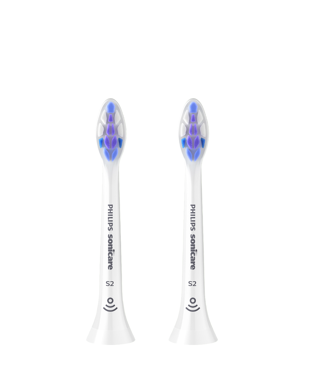 İki Philips Sonicare diş fırçası başlığı. Mavi ve mor kıllarla beyaz. Siyah zemin.
