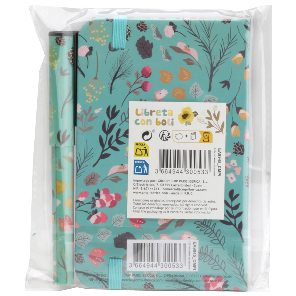 Cuaderno y bolígrafo en envoltorio de plástico, diseño floral.
