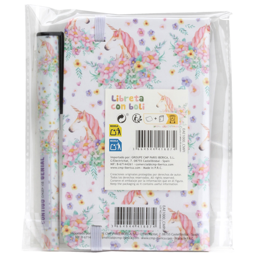 Un juego de cuaderno y bolígrafo en un paquete de plástico transparente. El cuaderno tiene un diseño floral.