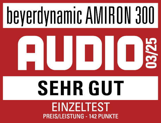 beyerdynamic AMIRON 300 Label. 'AUDIO' und 'SEHR GUT'. Preis/Leistung: 142 Punkte.