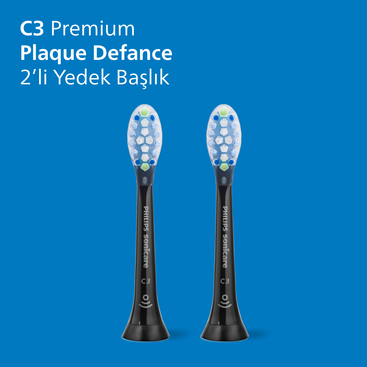 Mavi bir arka plan üzerinde iki Philips Sonicare diş fırçası başlığı ve metin.