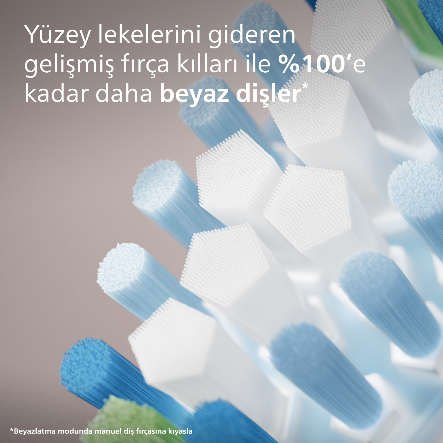 Diş fırçası kıllarının çok renkli yakın çekimi, beyazlatmayı vurgular.